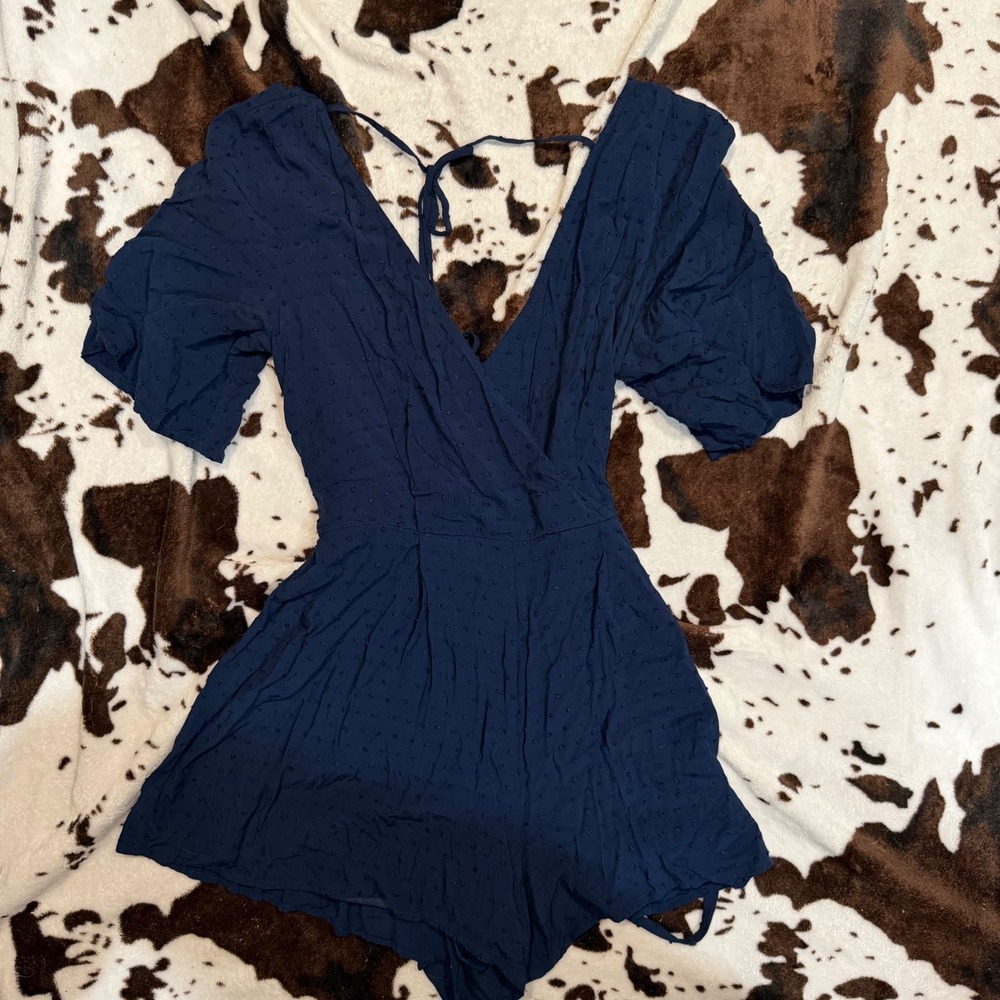 Mei Ami Romper Women Medium Navy Blue Swiss Dot Wrap V-Neck Boho Cottagecore